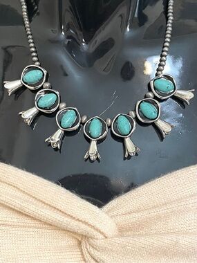 Faux Turquoise and Navajo Beads Silver Tone Squash Blossom Statement Necklace